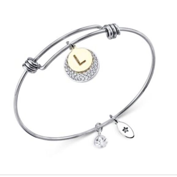 Unwritten Pave and Initial Disc Bangle Bracelet in Stainless Steel Silver Plated - Picture 1 of 3